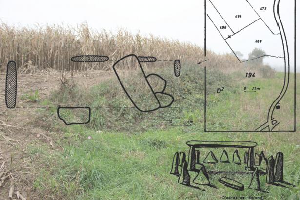 Documentation personnelle. Cadastre et schéma du cromlech de la Rielle étudiés en classe de CM1. Photographie personnelle de l’emplacement présumé du monument (2012).
