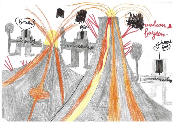 volcan lave éruption dessin vulcanologue imagination enfant