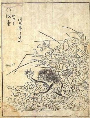 Représentation d'un Yokai, créature issue du folklore japonais. Ici, estampe d'un "Kappa".