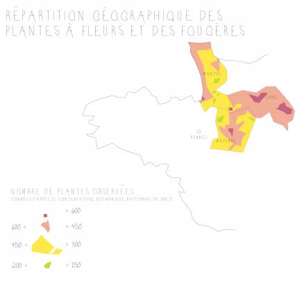Carte indiquant la densité d'espèces végétales recensées sur les départements de la Mayenne, de La Manche et de l'Orne.