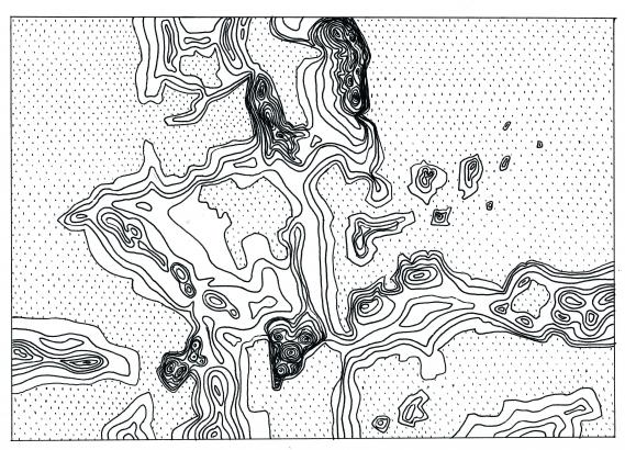Interprétation illustrée des courbes de niveau des terres émergées de Dragaya