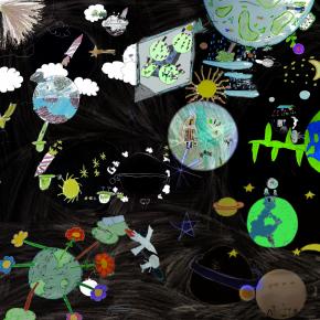 Composition à partir des dessins des enfants sur La Terre, l'Homme, le Cosmos