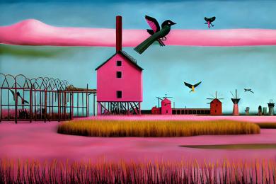 La peinture d'un moulin rose et d'oiseaux dans un marais salant